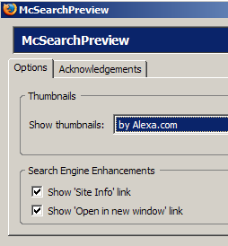 Screenshot of McSearchPreview options dialog