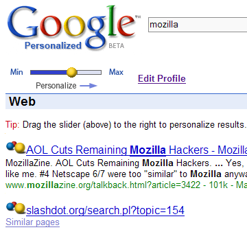 Google Personalized Web Search slider screenshot