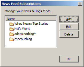 Screenshot of RSS feed management dialog